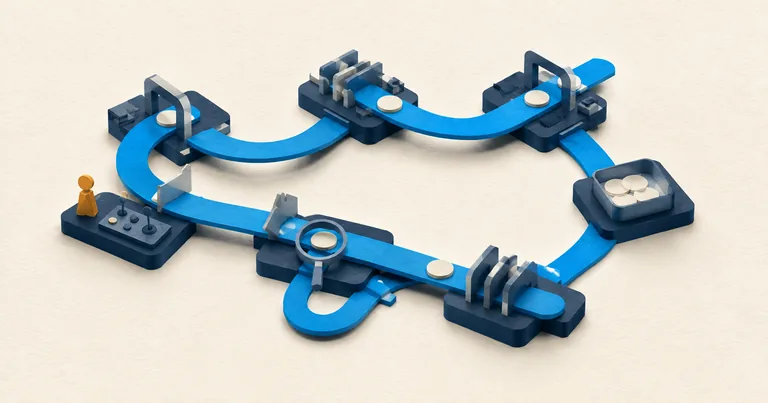 Connected paper stations move tokens through an outbound workflow with gates and a recovery loop.