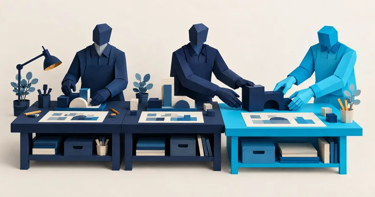 Navy and cyan paper figures work together at adjoining workbenches, adding capacity to an existing workshop.