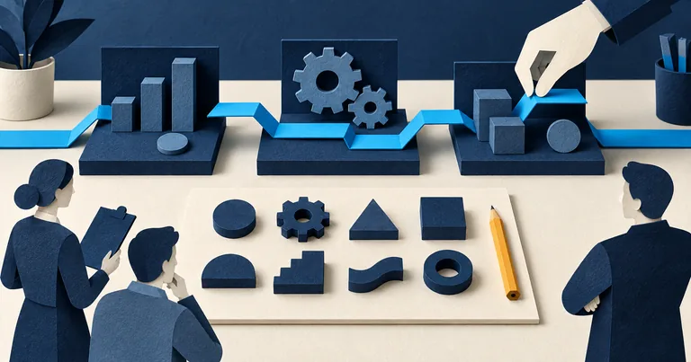 A paper hand tests a cyan connection between navy workflow stations beside an inspection board with eight sample pieces.