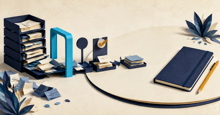 Paper tasks pass through a cyan frame and a review checkpoint, opening space for a notebook and pencil.