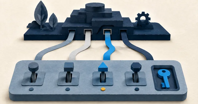 Manual controls and a cyan key connected to a shared production system.