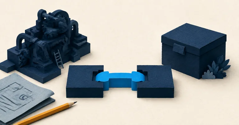 A custom assembly, a ready-made box, and a simple cyan connector on an engineering workbench.