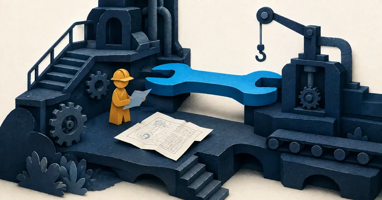 A small paper engineer fits a cyan connection inside an existing workshop.