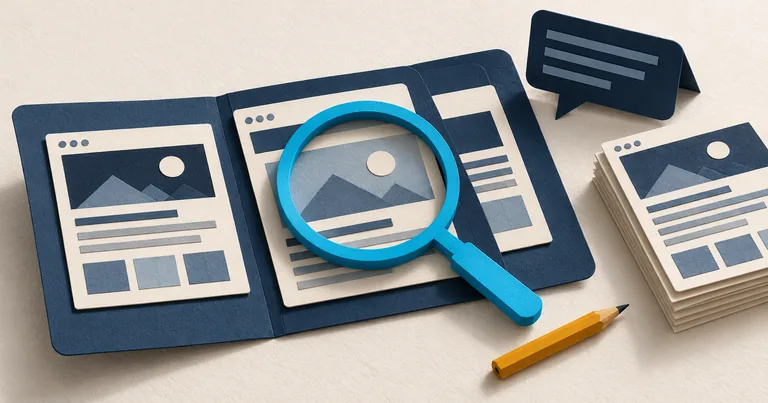 A cyan magnifying lens examines navy paper website pages beside a conversation bubble and an ochre pencil.