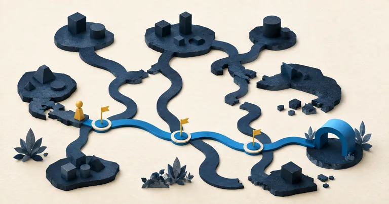A cyan path selected from several possible workflows on a paper decision board.