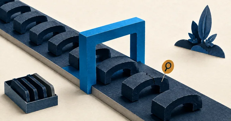 Repeated paper components pass through a cyan inspection frame, with one flawed piece marked for review.