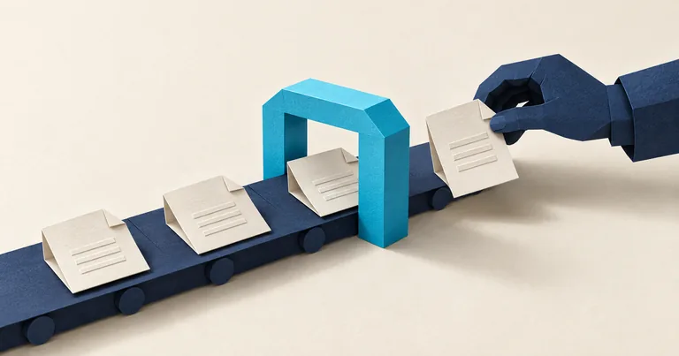 A paper hand lifts a document from a navy workflow conveyor at a cyan checkpoint for human review.