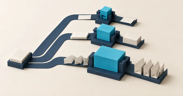 Three navy paper workstations use cyan modules of different sizes to process individual cards, document stacks, and folded components.