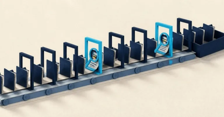 A long row of navy report folders rides a paper conveyor past open inspection frames; two cyan frames hold a magnifying lens over a page with a small ochre mark, while the rest pass through unchecked.