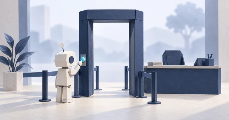 A small white paper robot waits at a navy checkpoint with a cyan call button, beside an unattended desk and empty chair.