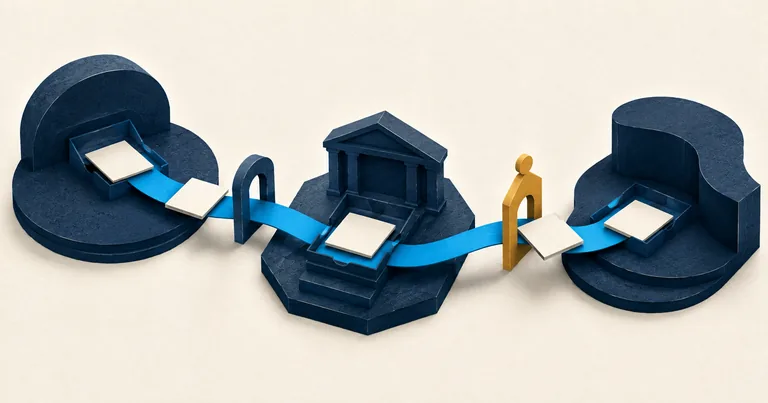 A cyan ribbon carries documents between three separate paper workstations.